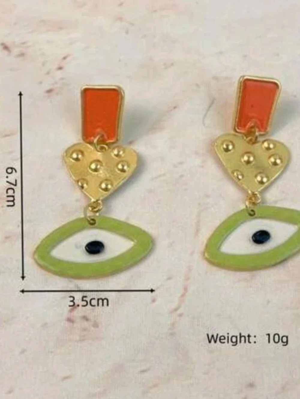 NEW! Unique Gold Heart & Green Evil Eye Drop Earrings - Orange Accents